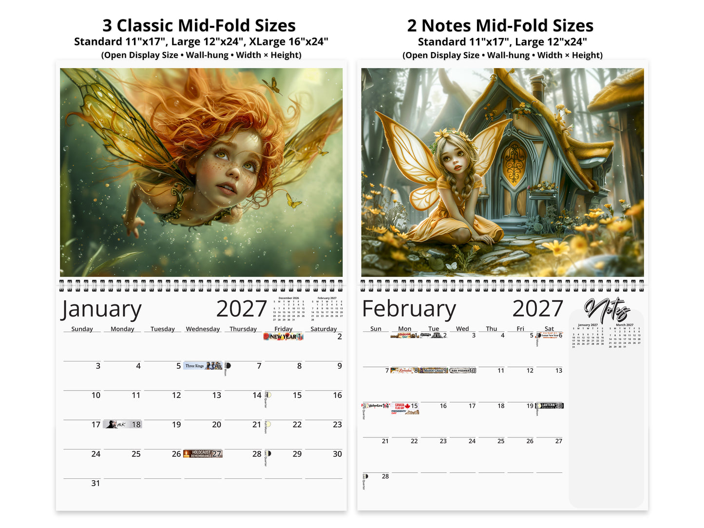 2027 Fairy Princess Wall Calendar by Kaleidoscope Artisan – Charming Fantasy with Holidays