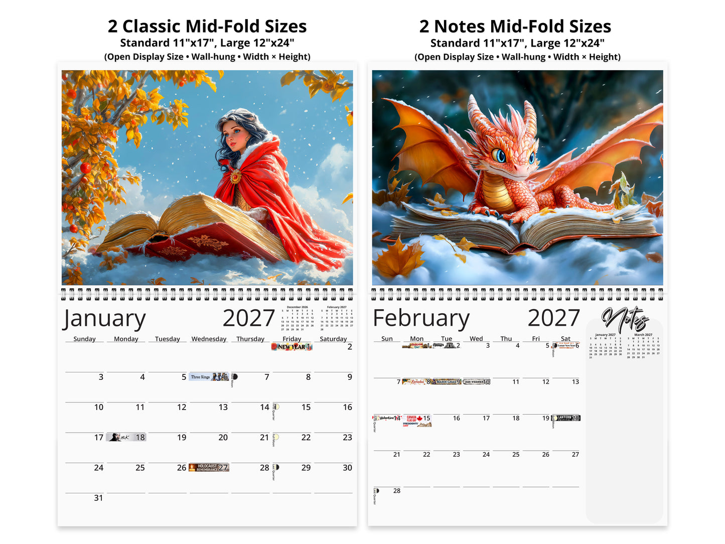 Fairytale Books 2027 wall calendar top fold calendar interior pages