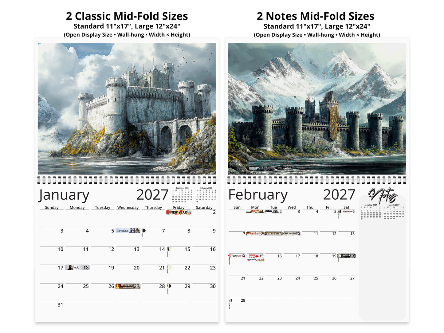 Fantasy Castle 2027 wall calendar top fold calendar interior pages