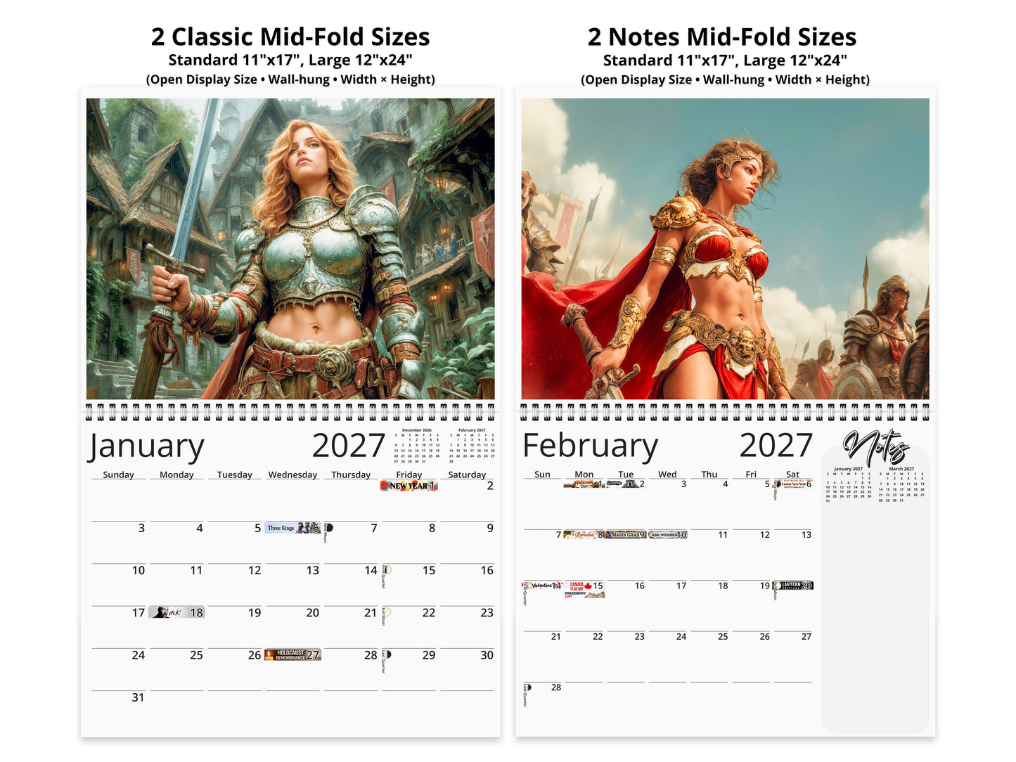 Fantasy Warrioress 2027 wall calendar top fold calendar interior pages