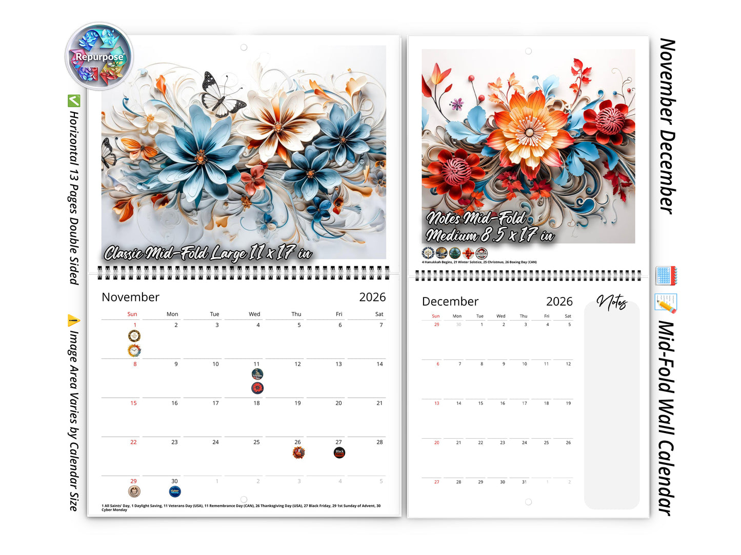 2026 Floral Grace Wall Calendar by Kaleidoscope Artisan – Elegant Bloom with Holidays