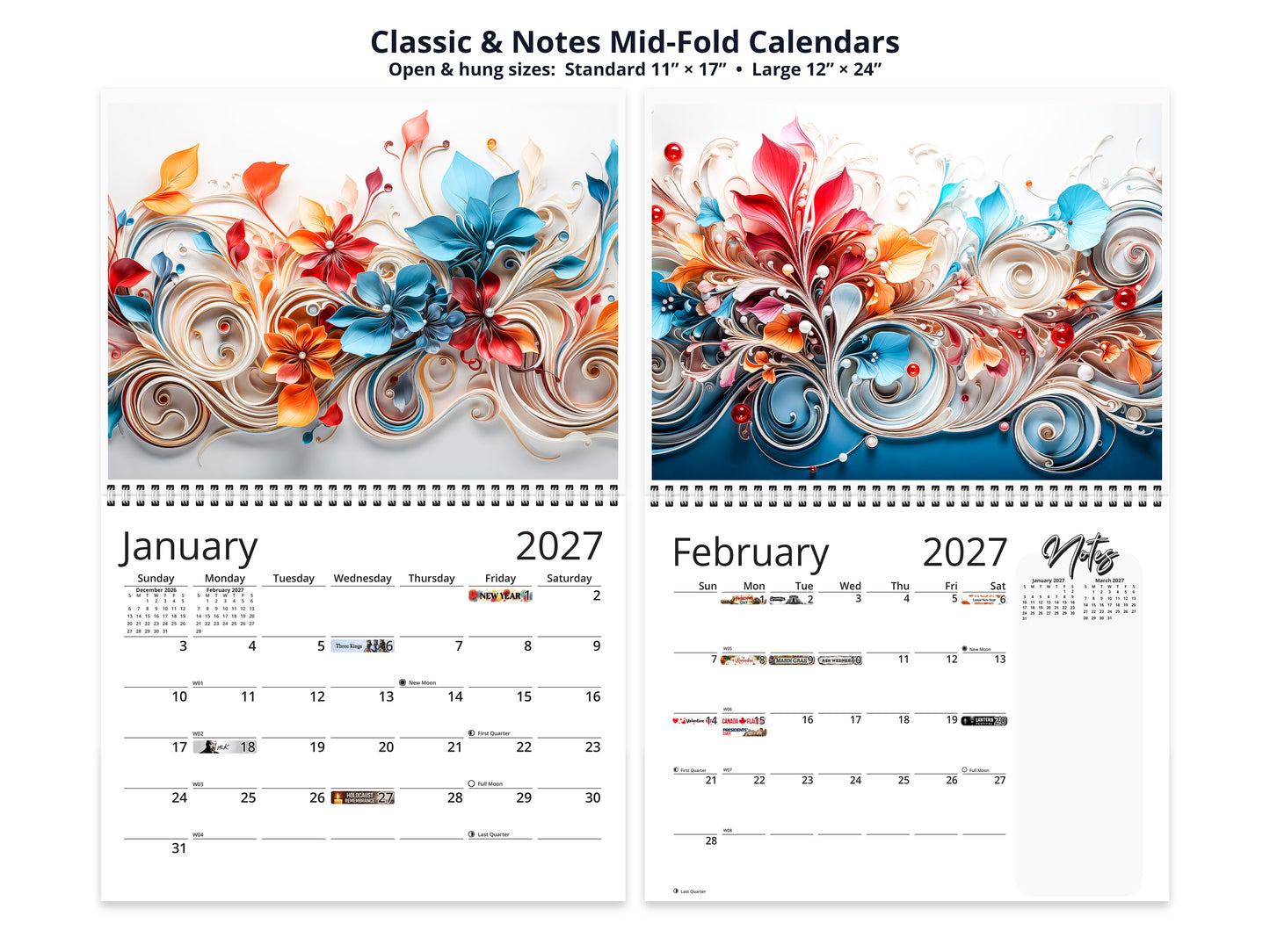 Floral Grace 2027 wall calendar classic and notes mid-fold calendar pages