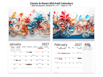 Floral Grace 2027 wall calendar classic and notes mid-fold calendar pages