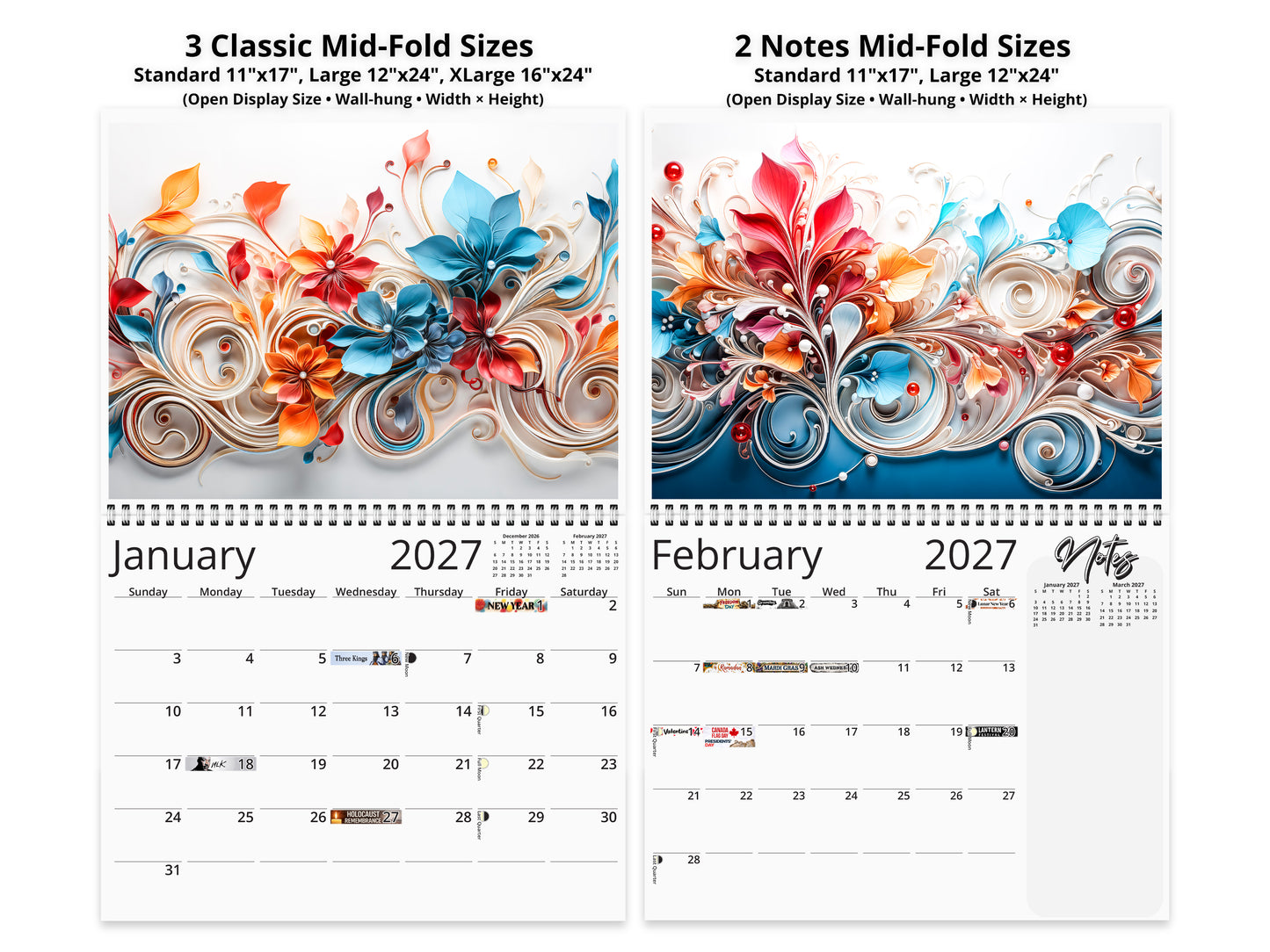 Calendario de pared Floral Grace 2026 de Kaleidoscope Artisan: Floración elegante con festividades