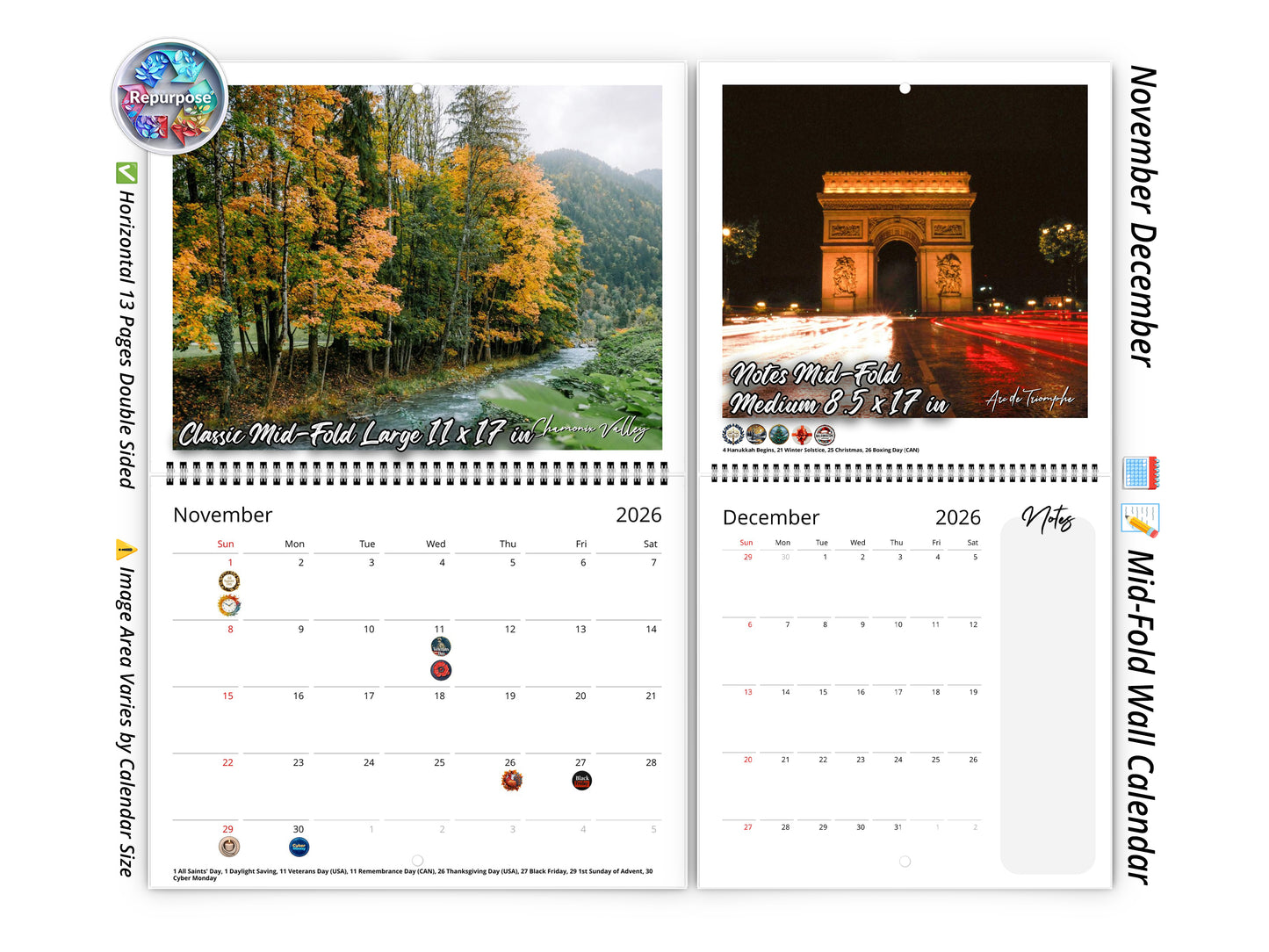 2026 France Vistas Photography Wall Calendar by Kaleidoscope Artisan – Captivating French Landscapes with Holidays
