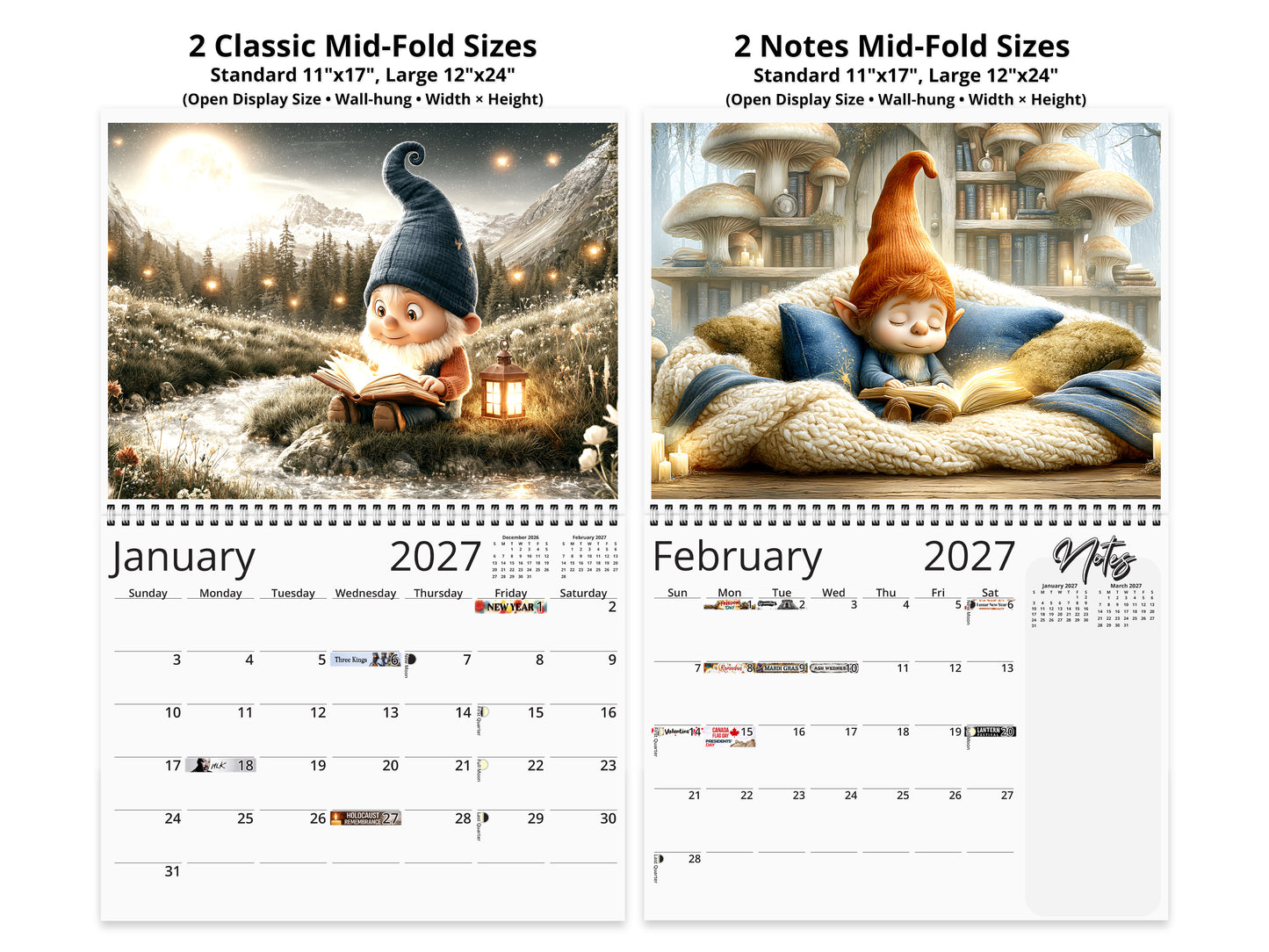 Gnome Book Club 2027 wall calendar top fold calendar interior pages