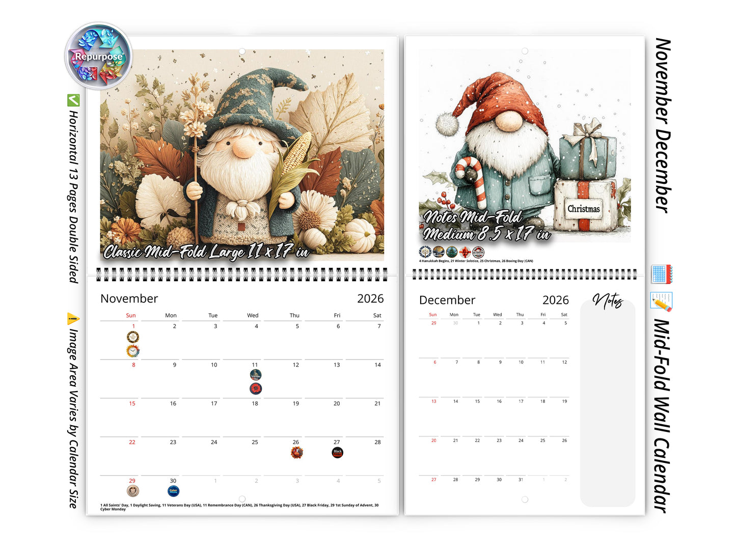 2026 Gnome Holidays Wall Calendar by Kaleidoscope Artisan – Joy & Magic with Holidays