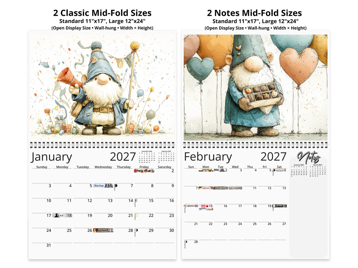 Two calendar designs featuring gnomes with text indicating sizes and months.