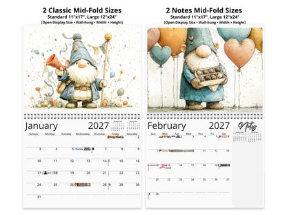 Two calendar designs featuring gnomes with text indicating sizes and months.