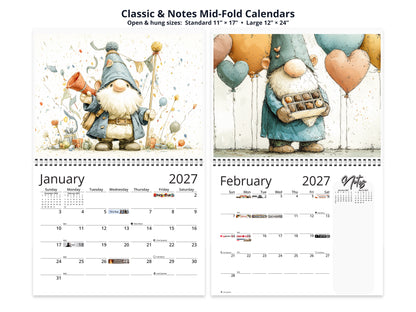 Gnome Holidays 2027 wall calendar classic and notes mid-fold calendar pages