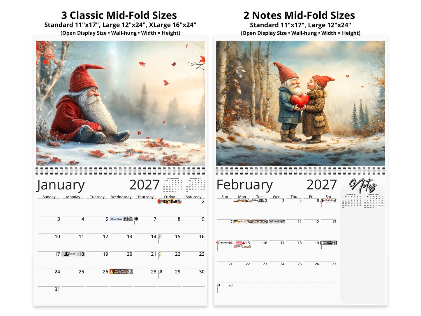 2027 Gnomes Wall Calendar by Kaleidoscope Artisan – Whimsical Adventures with Holidays