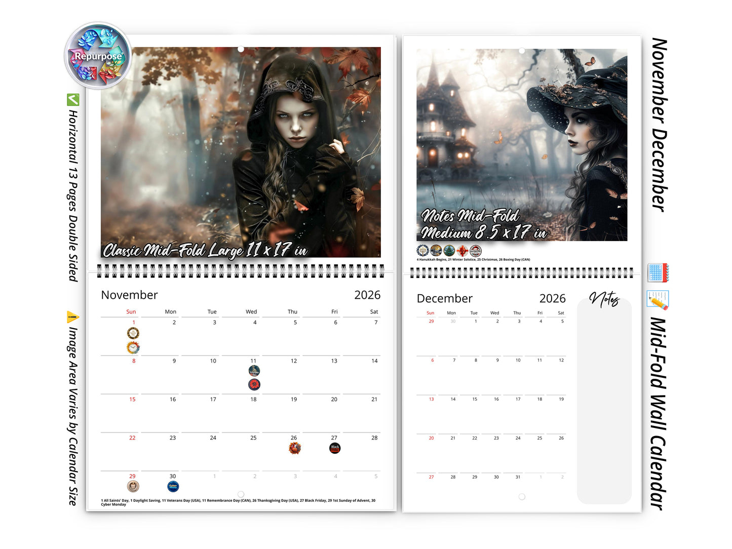 2026 Gothic Dream Wall Calendar by Kaleidoscope Artisan – Enigmatic Elegance with Holidays