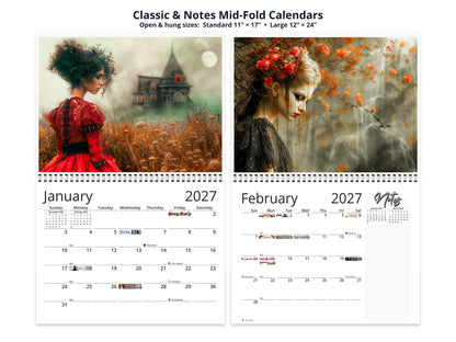 Gothic Dream 2027 wall calendar classic and notes mid-fold calendar pages