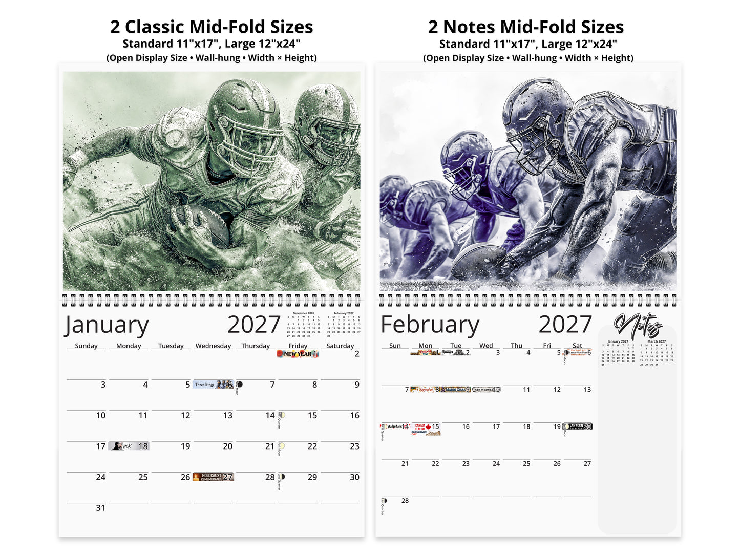 2027 Gridiron Football Wall Calendar by Kaleidoscope Artisan – Dynamic Action with Holidays