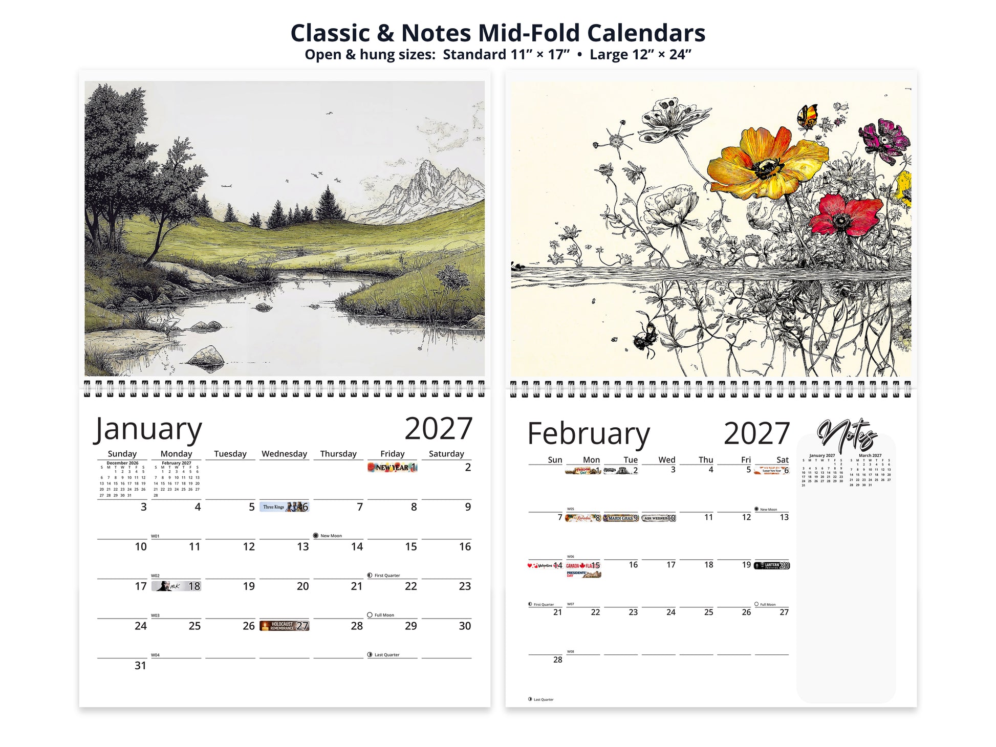 Illustrated Moments 2027 wall calendar classic and notes mid-fold calendar pages