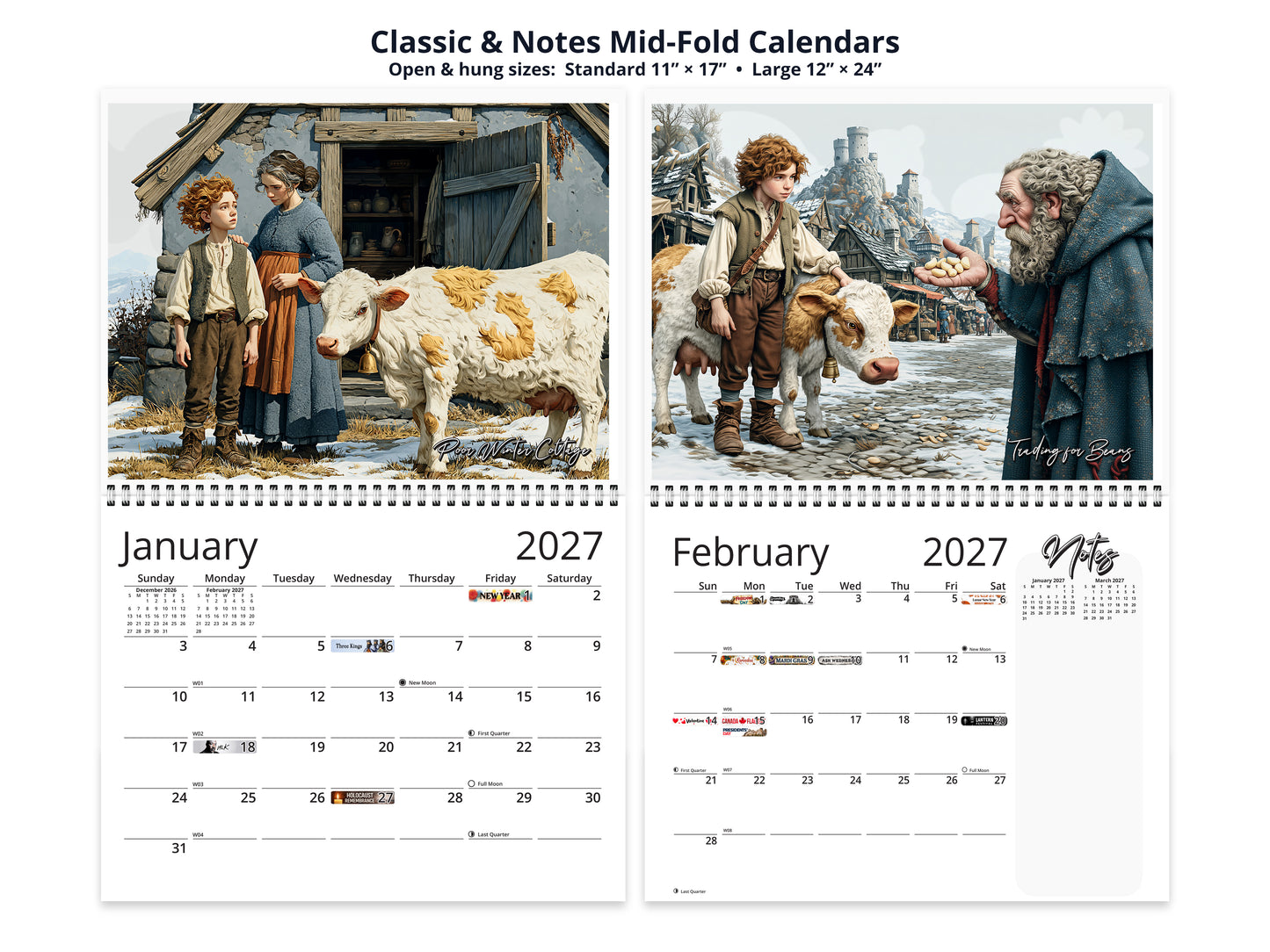 Jack and the Beanstalk 2027 wall calendar classic and notes mid-fold calendar pages