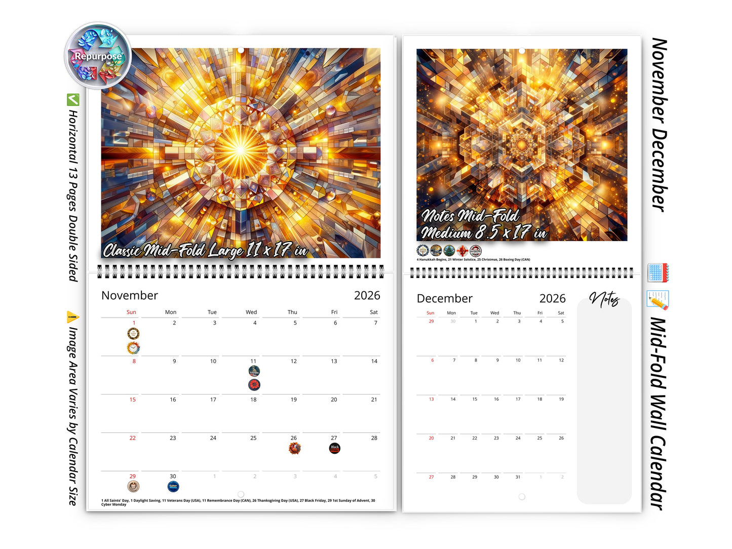 2026 Kaleidoscopic Art Wall Calendar by Kaleidoscope Artisan – Colorful Harmony with Holidays