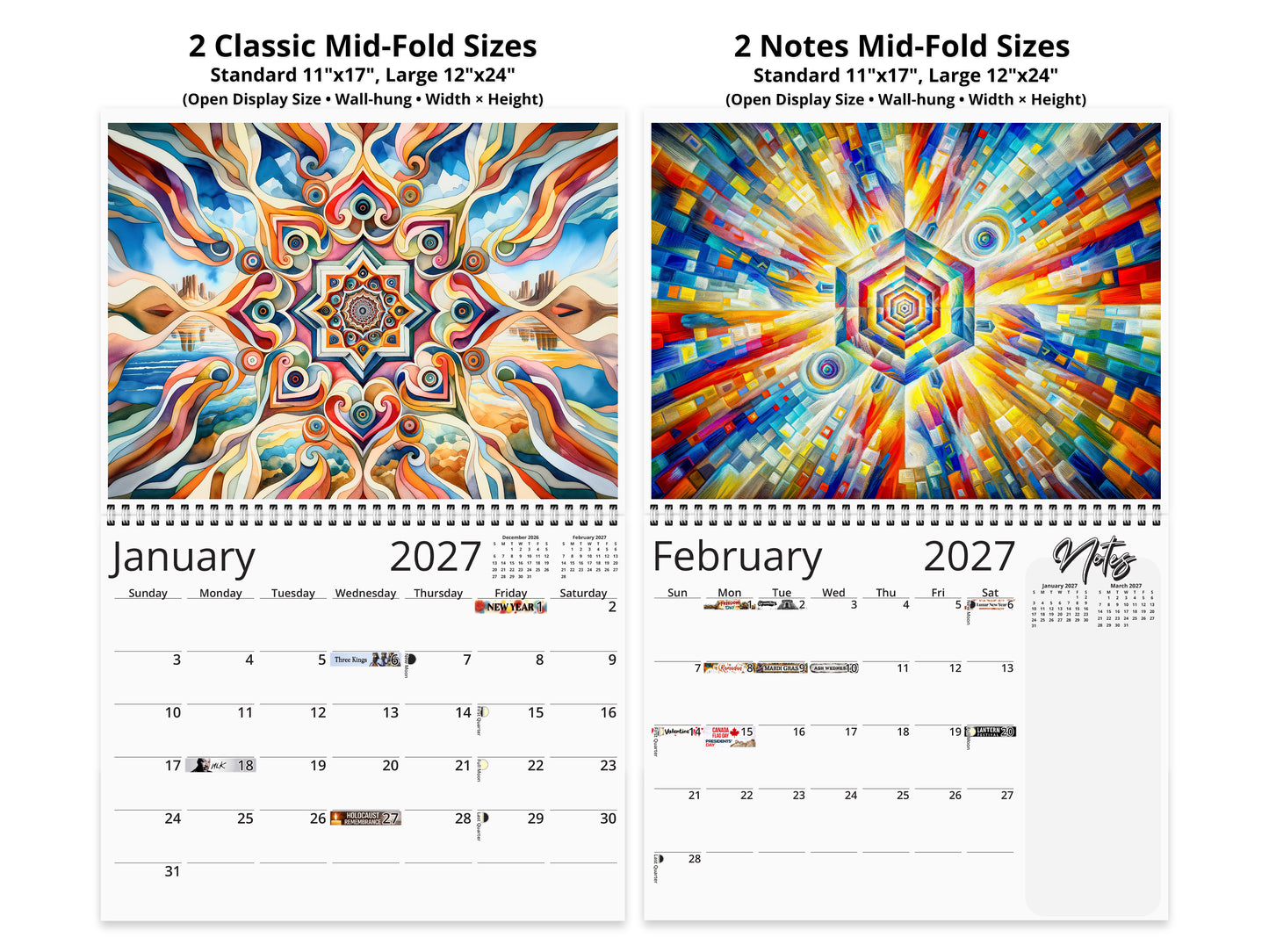 Kaleidoscopic Art 2027 wall calendar top fold calendar interior pages