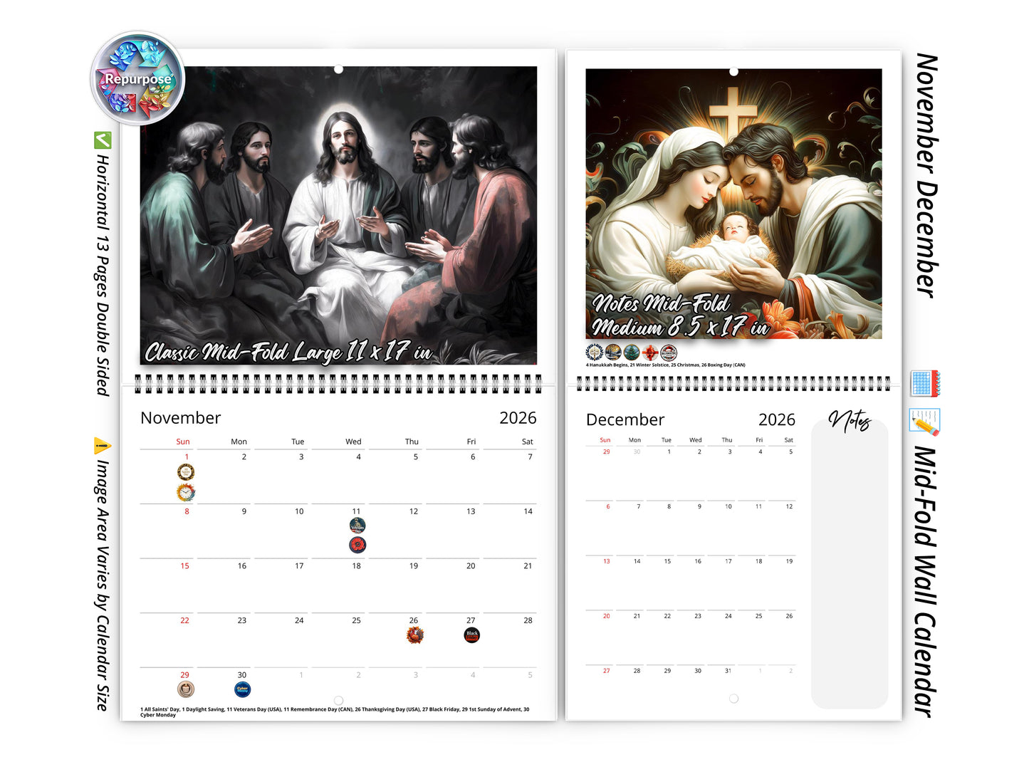 2026 Light of Jesus Wall Calendar by Kaleidoscope Artisan – Inspirational Christian Art with Holidays