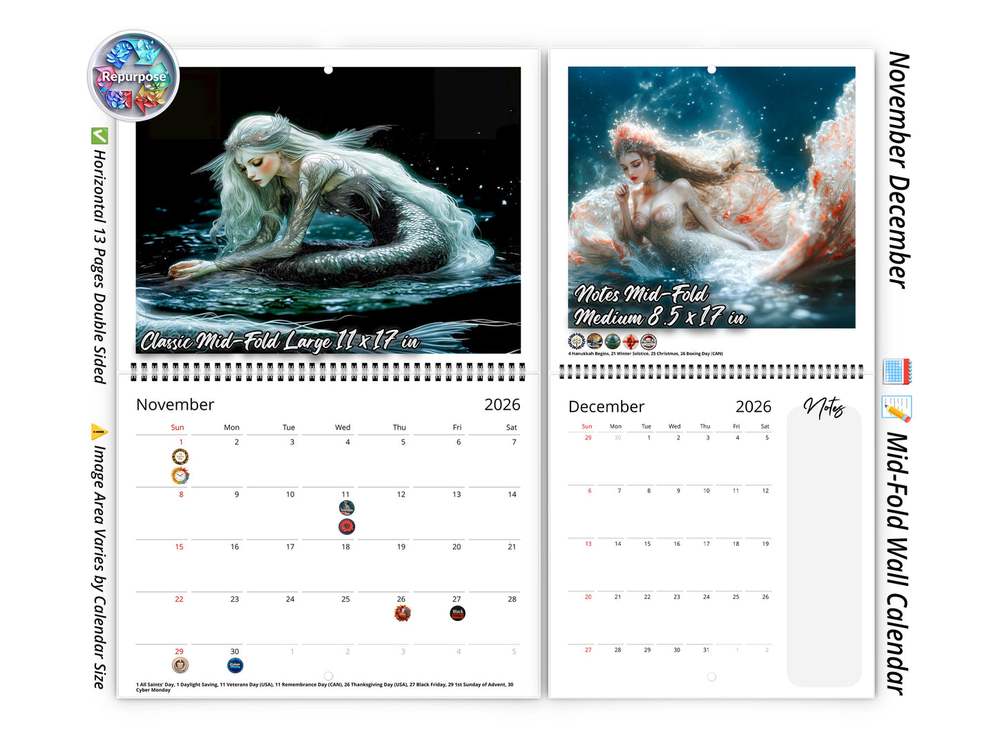 2026 Mermaid Dream Wall Calendar by Kaleidoscope Artisan – Enchanting Underwater Realms with Holidays