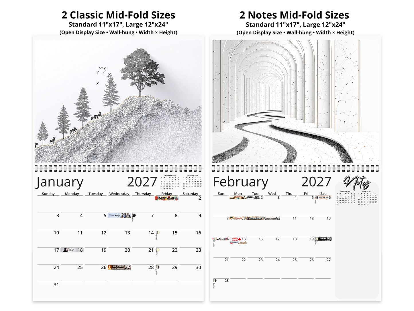 2027 Modern Lines Wall Calendar by Kaleidoscope Artisan – Refined Minimalism with Holidays
