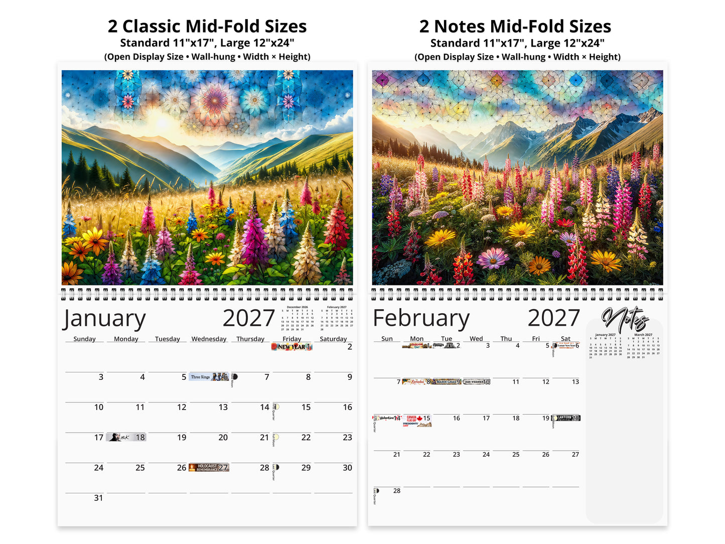 Mountain Wildflowers 2027 wall calendar top fold calendar interior pages