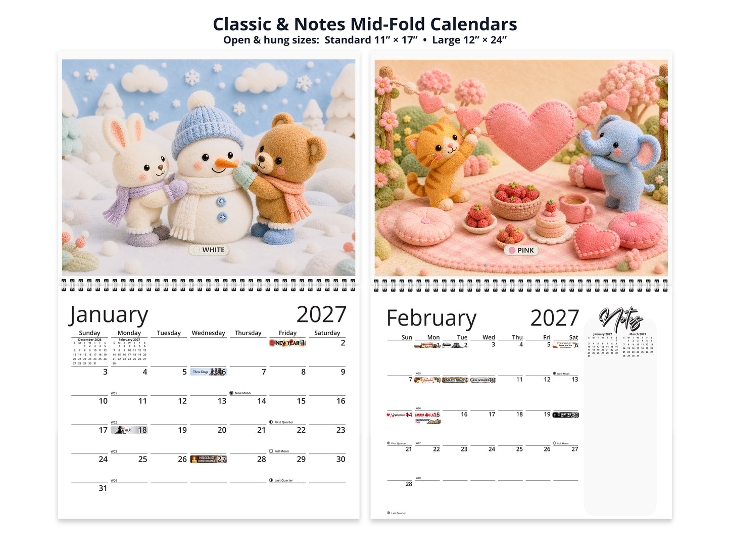 My Colors Adventure by Kaleidoscope Artisan - Whimsical Felt Friends with Holidays 2027 wall calendar classic and notes mid-fold calendar pages