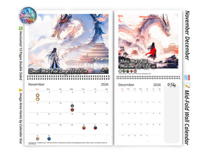 2026 Mystic Skies Wall Calendar by Kaleidoscope Artisan – Majestic Dragons in Chinese Art with Holidays
