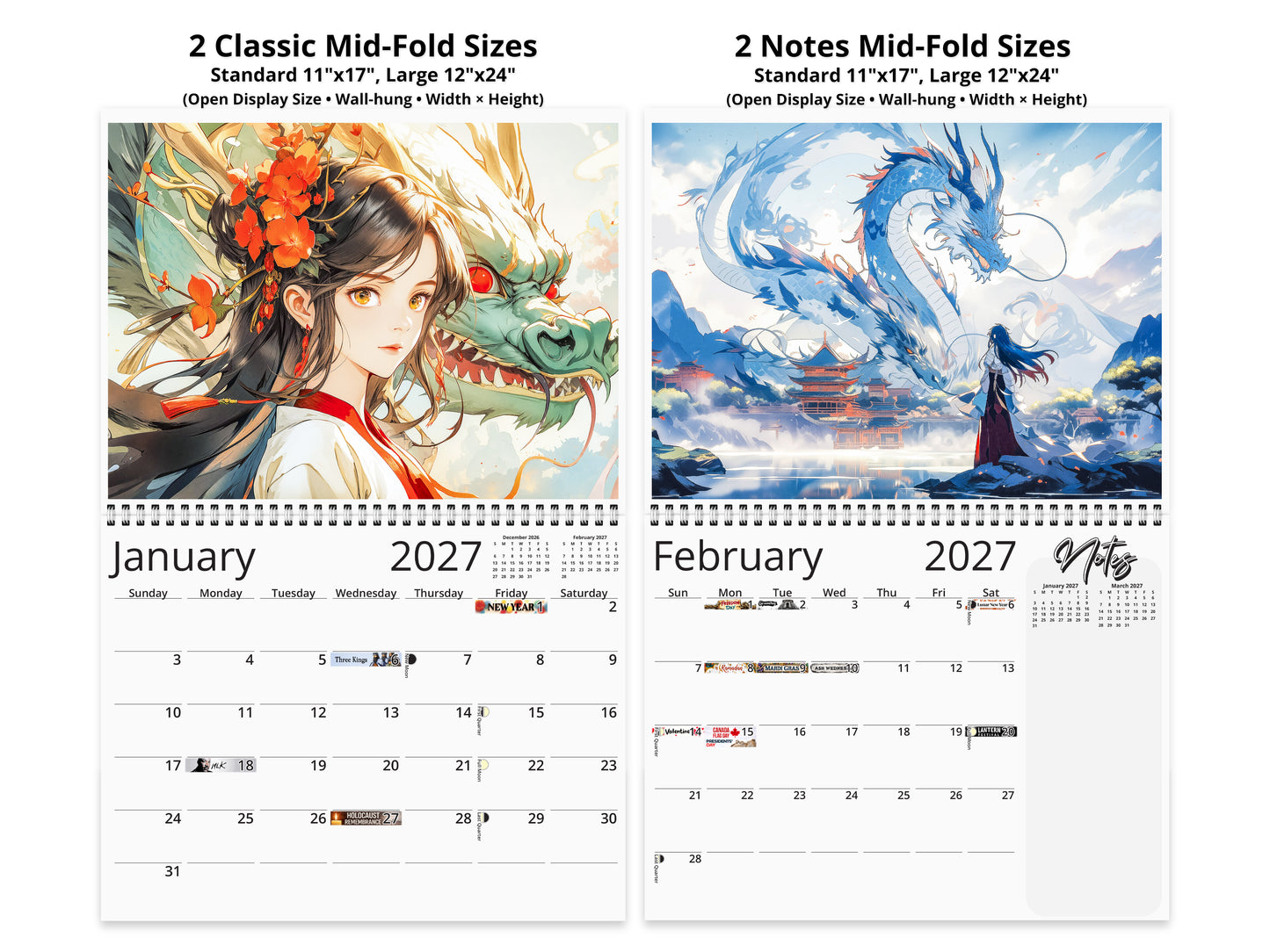 Mystic Skies 2027 wall calendar top fold calendar interior pages