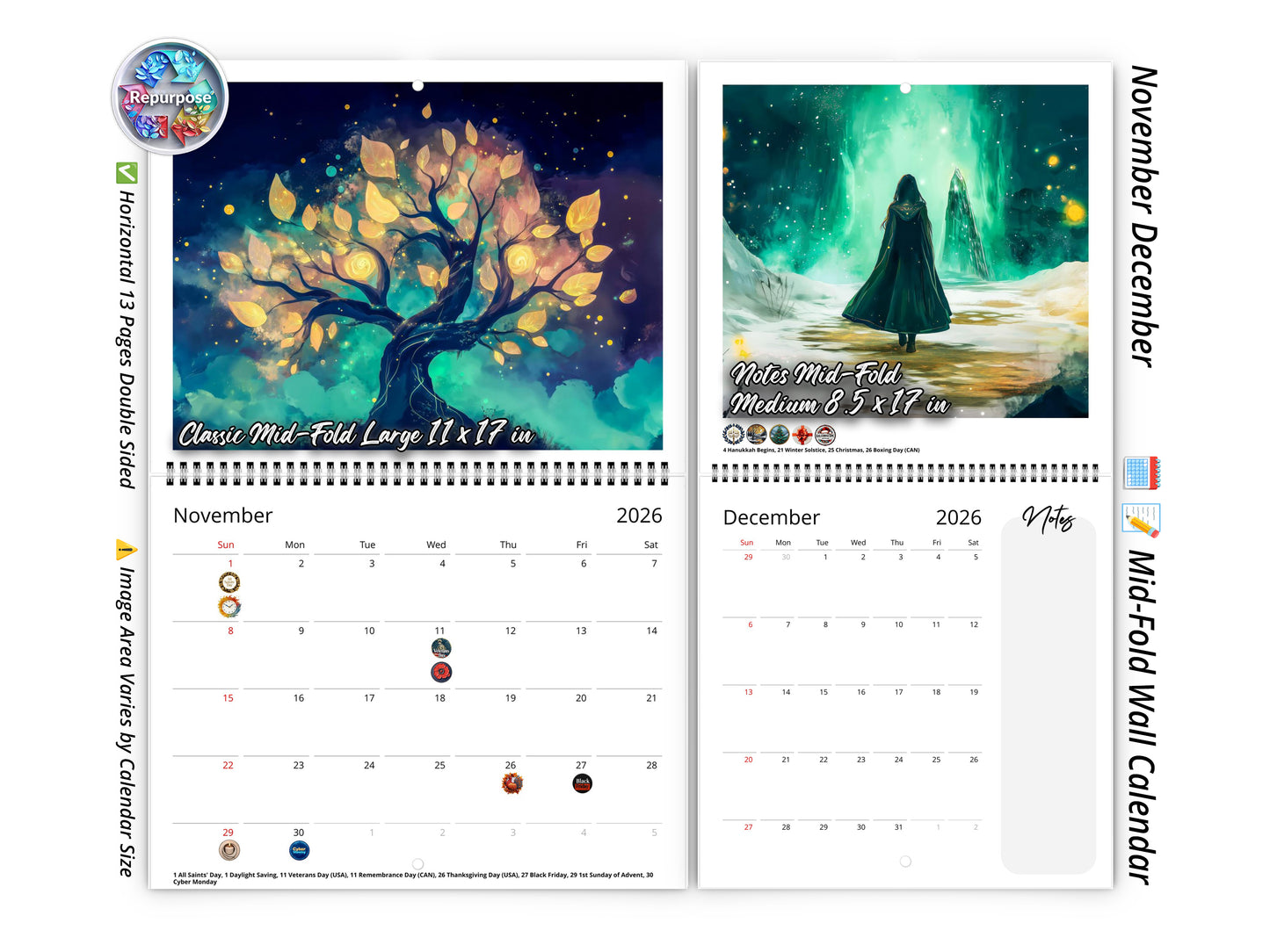 2026 Mystical Twilight Wall Calendar by Kaleidoscope Artisan – Enchanting Dreamscapes with Holidays