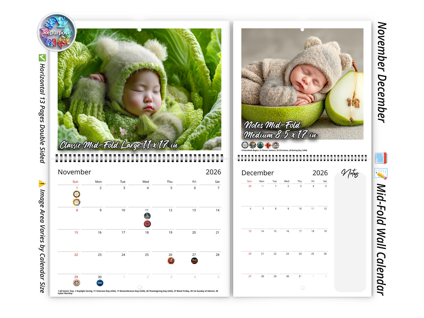 2026 Newborn Baby Wall Calendar by Kaleidoscope Artisan – Baby Orchard & Garden with Holidays
