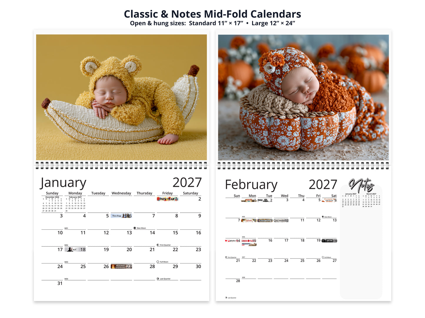 Newborn Baby 2027 wall calendar classic and notes mid-fold calendar pages