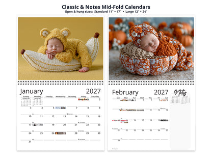 Newborn Baby 2027 wall calendar classic and notes mid-fold calendar pages