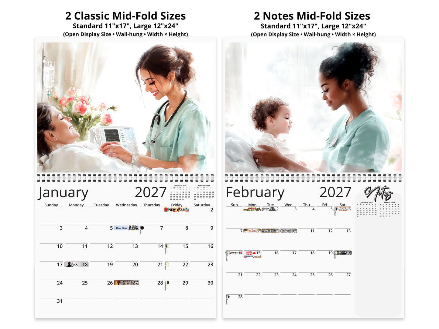 Nurse 2027 wall calendar top fold calendar interior pages