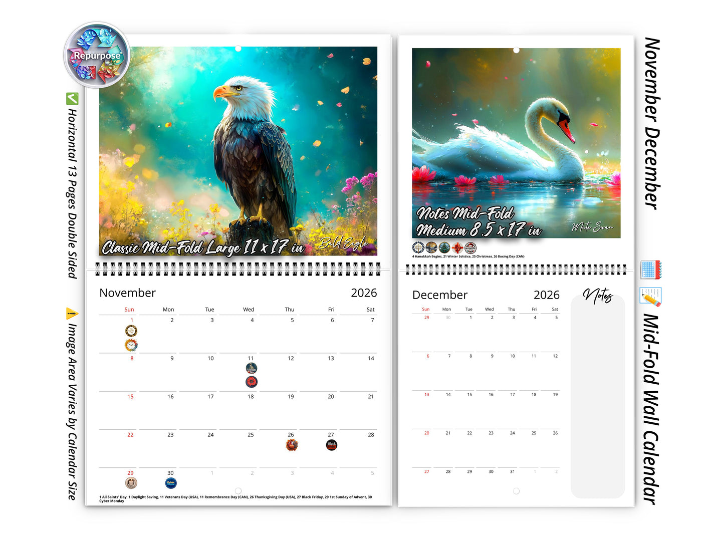 2026 Radiant Birds Kaleidoscope Wall Calendar by Kaleidoscope Artisan – Avian Beauty with Holidays