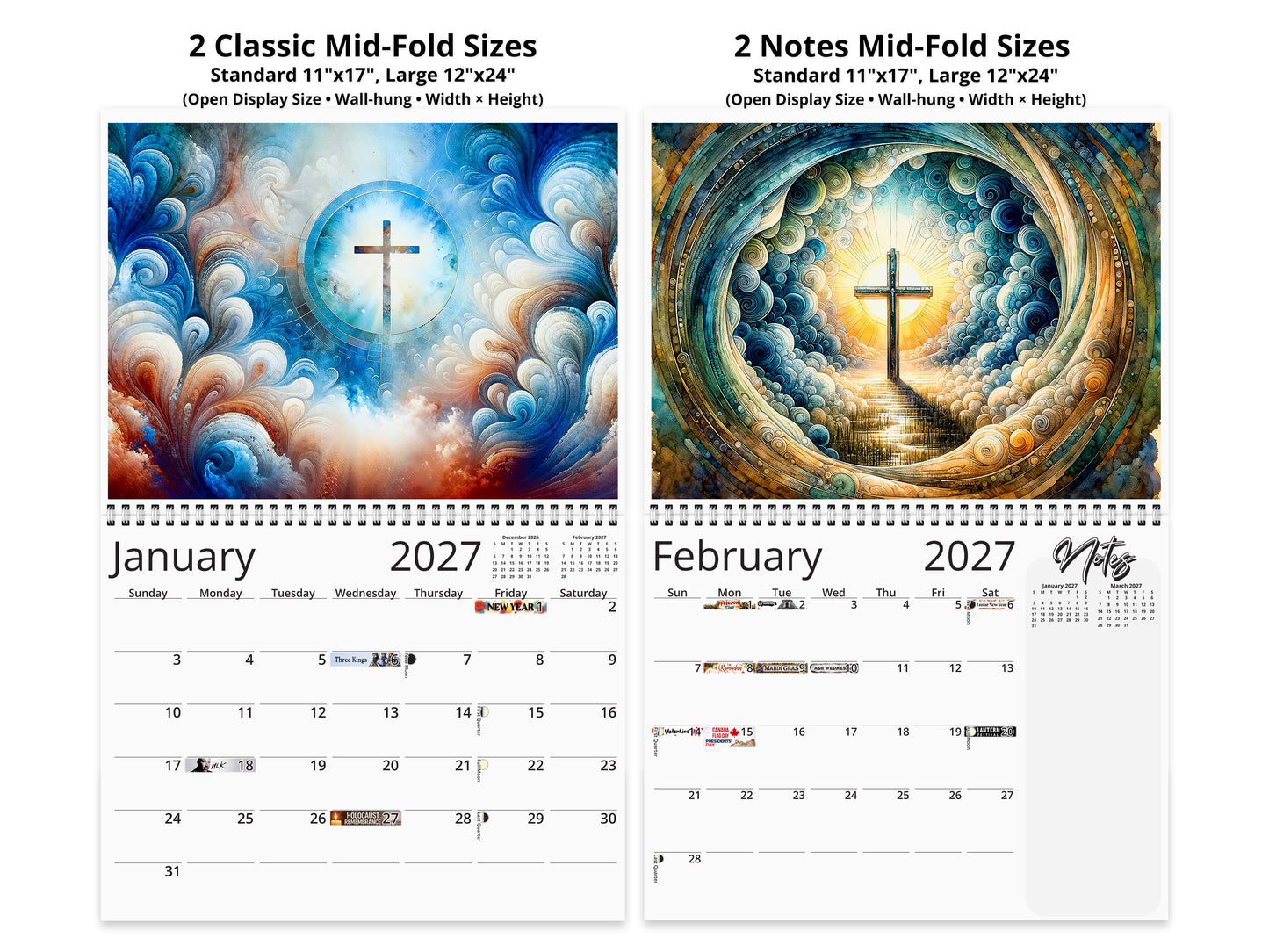 Radiant Cross 2027 wall calendar top fold calendar interior pages