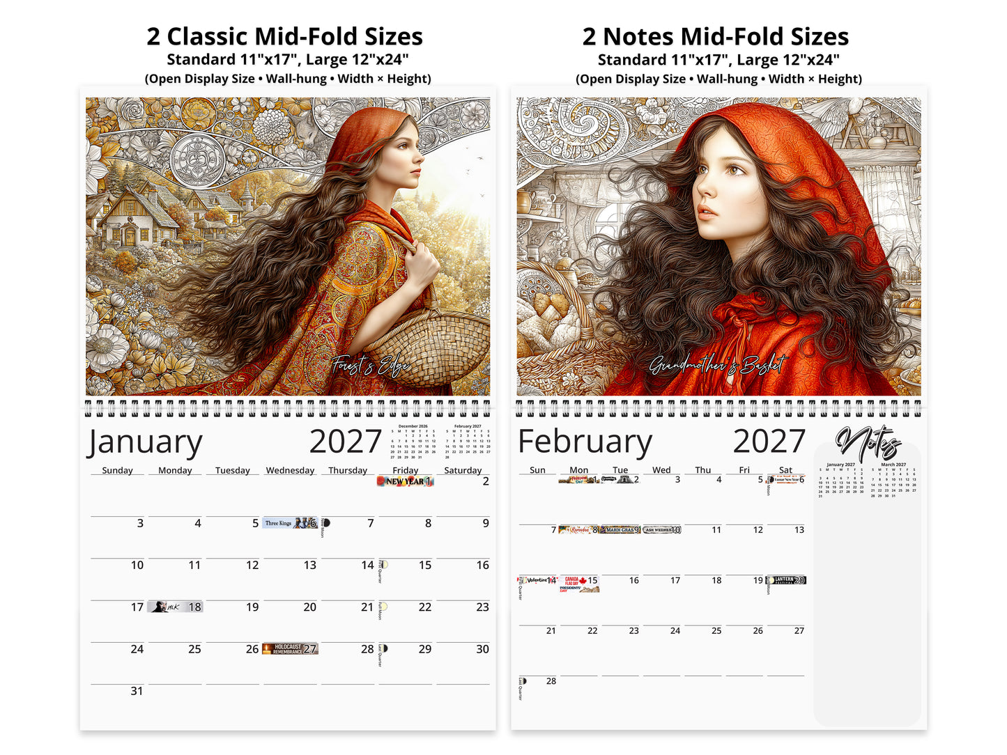 2027 Red Riding Hood Wall Calendar by Kaleidoscope Artisan – Enchanted Journey with Holidays
