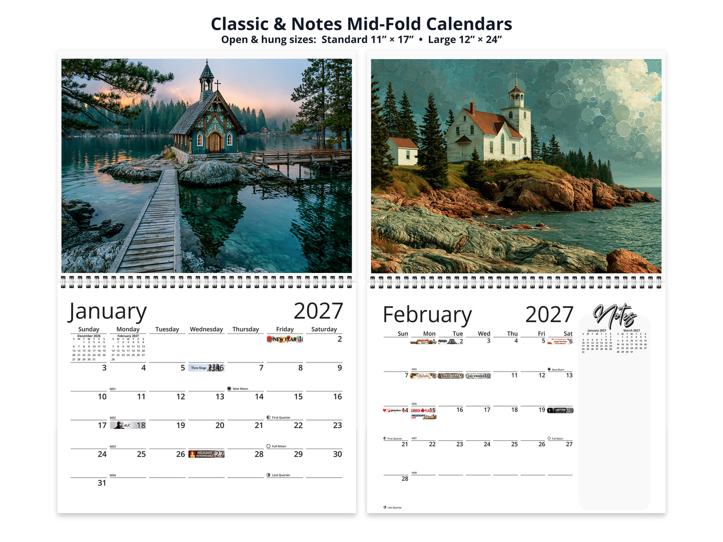 Sanctuary 2027 wall calendar classic and notes mid-fold calendar pages