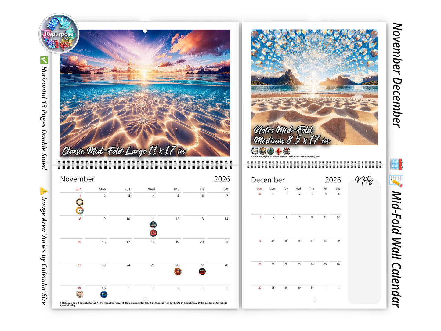 2026 Sands of Bora Bora Wall Calendar by Kaleidoscope Artisan – Tropical Escapes with Holidays