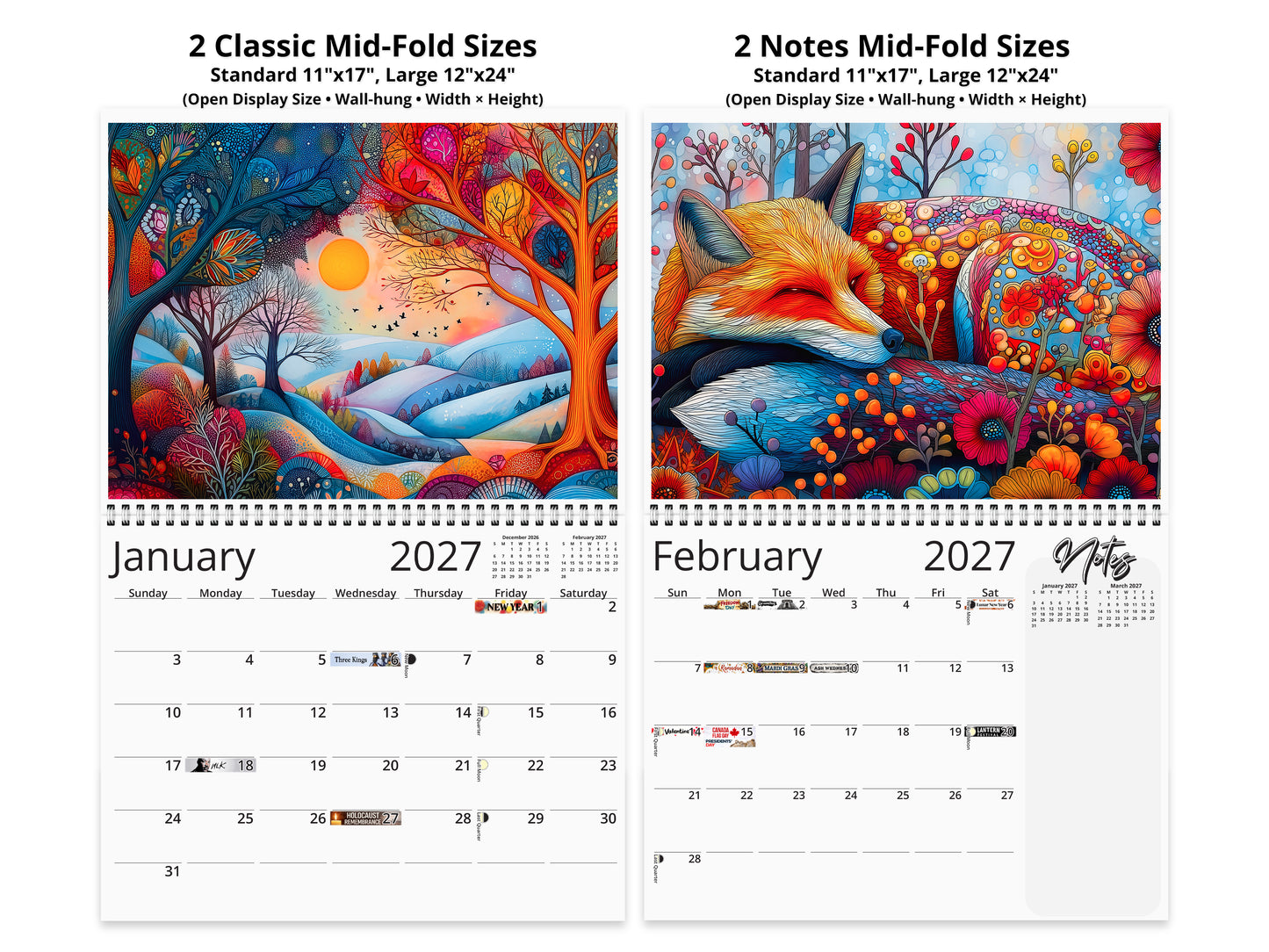 2027 calendar with colorful landscape designs on a white background