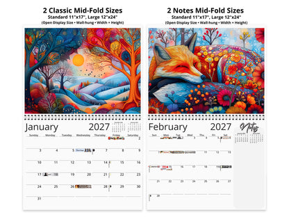 2027 calendar with colorful landscape designs on a white background