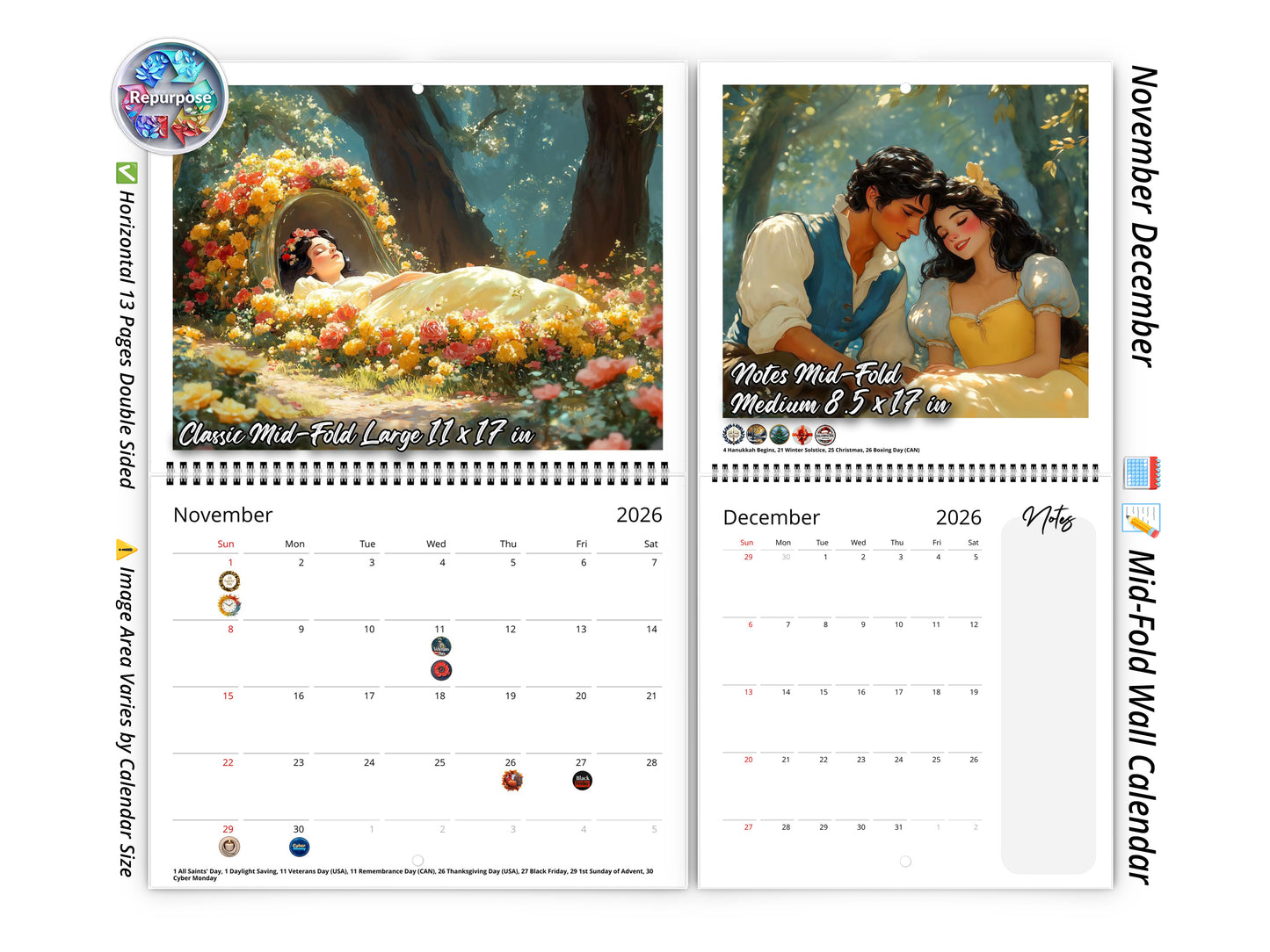 2026 Snow White Wall Calendar by Kaleidoscope Artisan – Enchanted Fairytale with Holidays