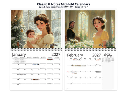 Snow White 2027 wall calendar classic and notes mid-fold calendar pages