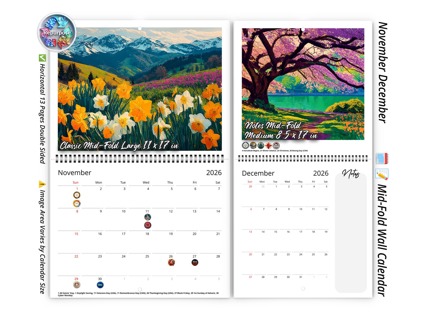 2026 Spring Flowers Wall Calendar by Kaleidoscope Artisan – Artistic Floral Landscapes with Holidays