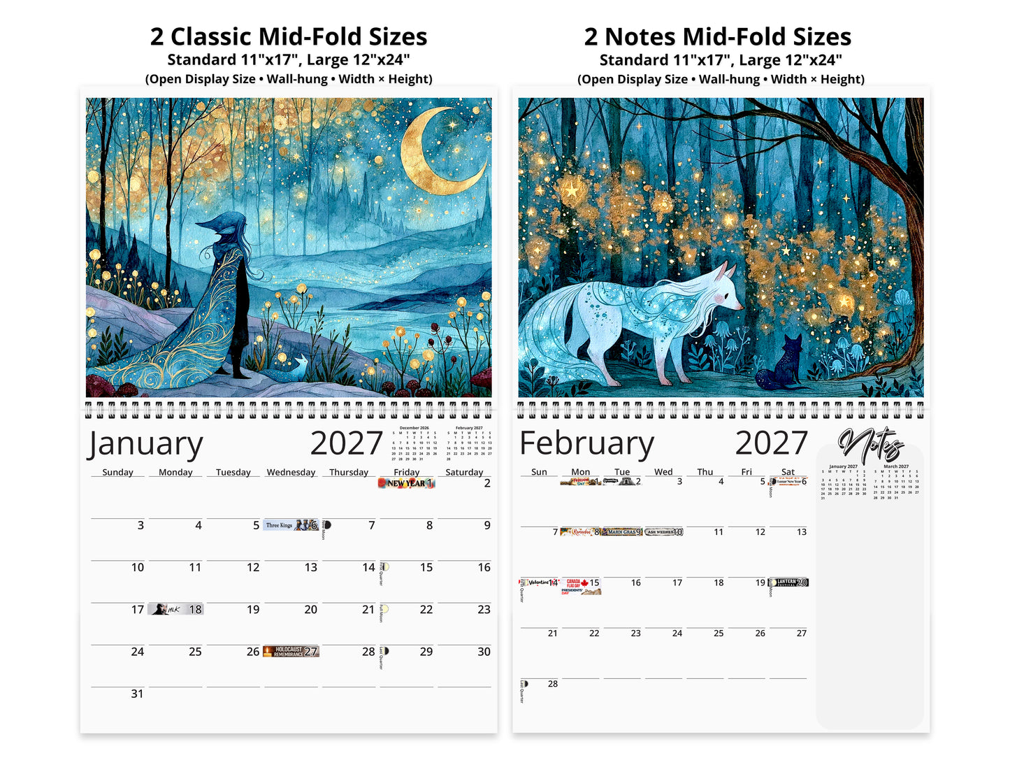 Starry Night 2027 wall calendar top fold calendar interior pages