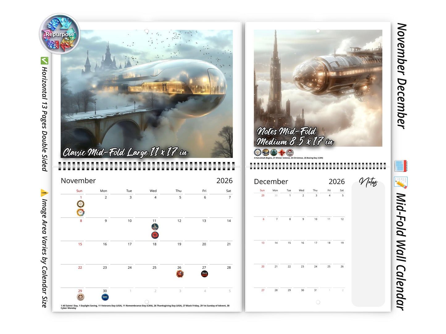 2026 Steampunk Airship Wall Calendar by Kaleidoscope Artisan – Chronicles in the Clouds with Holidays