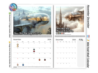 2026 Steampunk Airship Wall Calendar by Kaleidoscope Artisan – Chronicles in the Clouds with Holidays