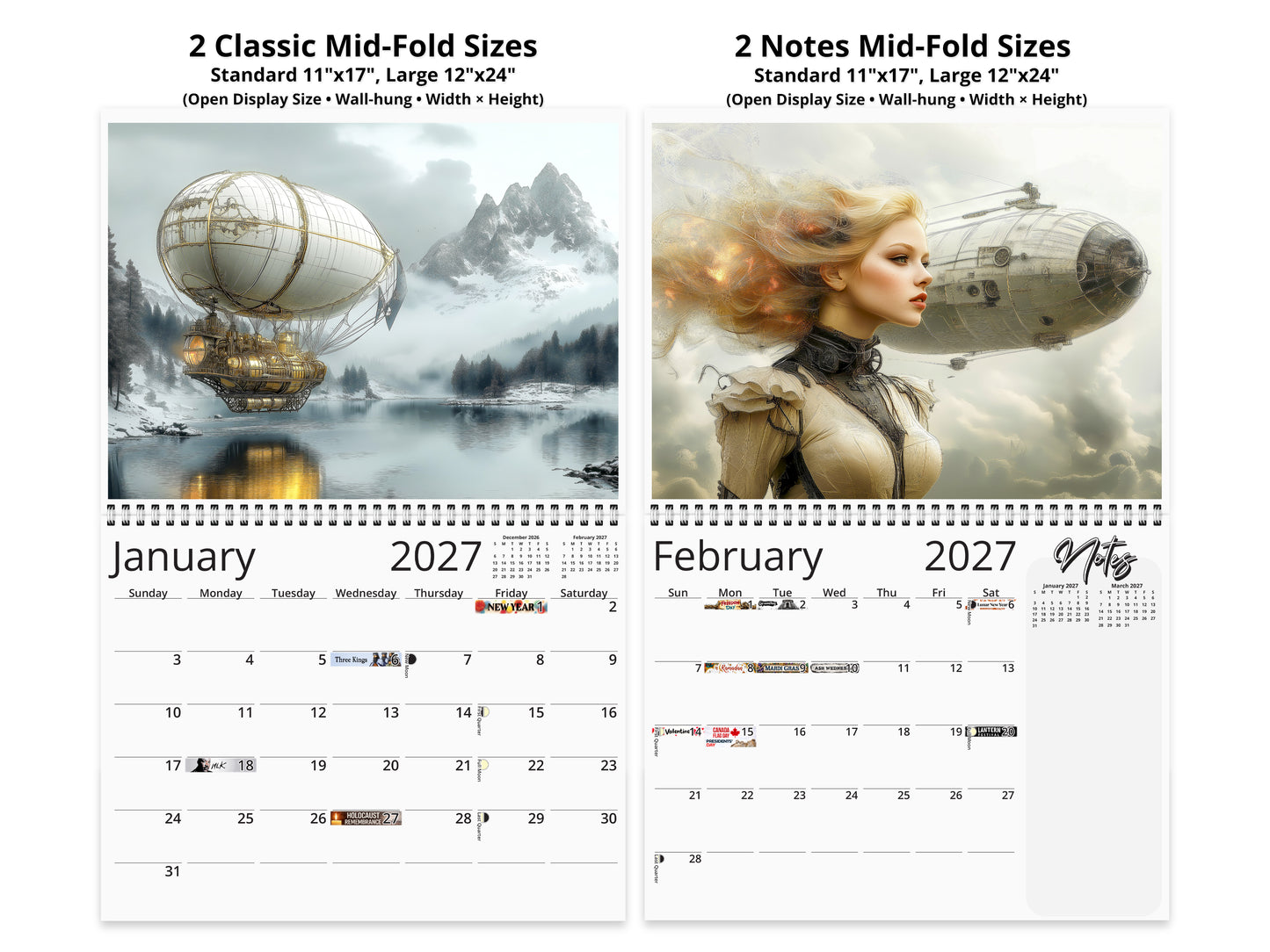 Steampunk Airship 2027 wall calendar top fold calendar interior pages