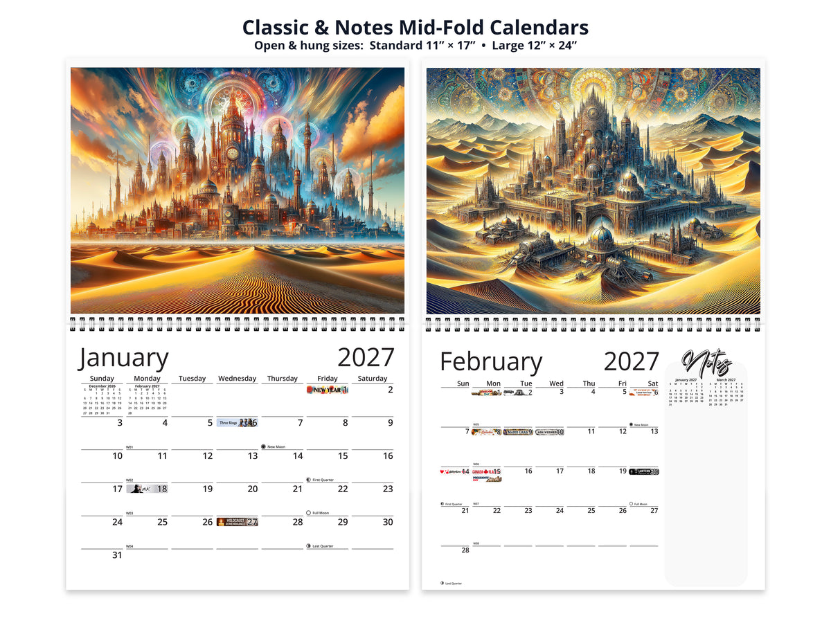 Steampunk Sands 2027 wall calendar classic and notes mid-fold calendar pages