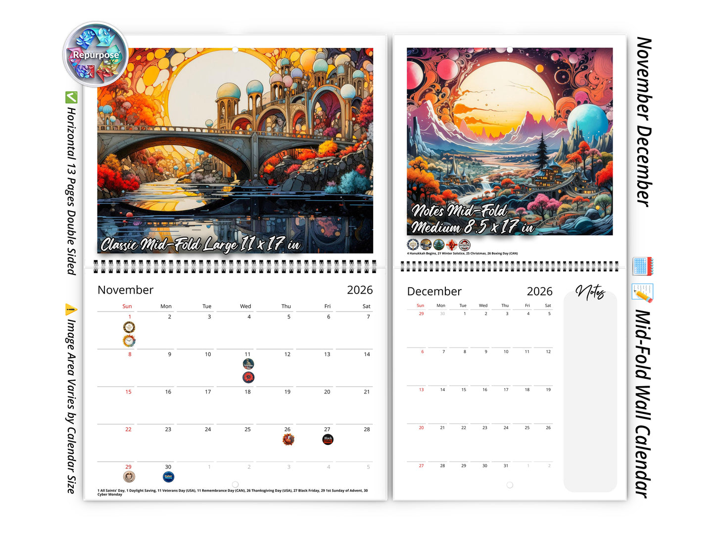 2026 Surreal Horizons Wall Calendar by Kaleidoscope Artisan – Mystical Realms with Holidays